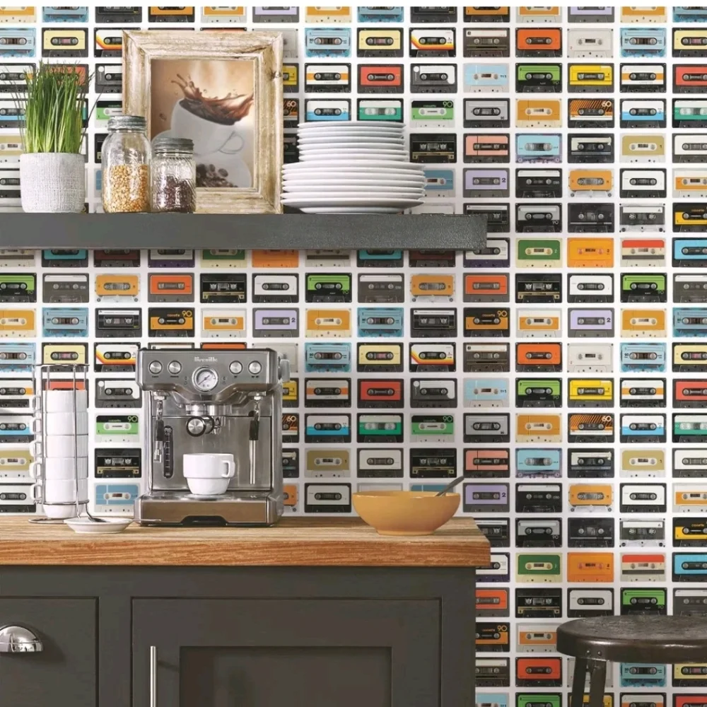 RoomMates Retro Cassettes Peel and Stick Wallpaper: Vinyl Self-Adhesive, Floral